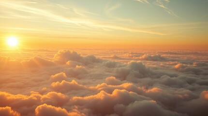 Breathtaking aerial view of vibrant sunset over clouds, peaceful and serene