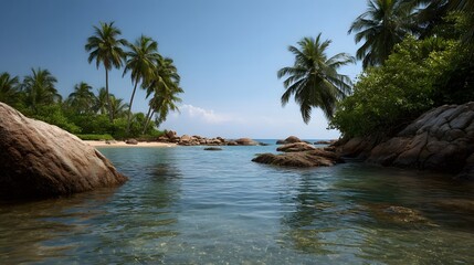Serene tropical beach paradise with calm turquoise water and lush palm trees under a clear blue sky