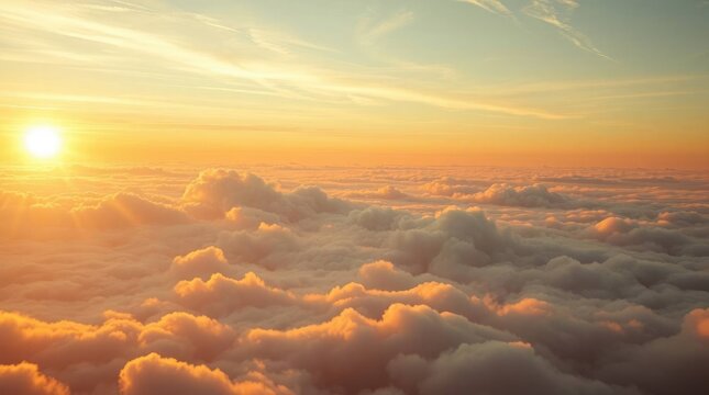 Breathtaking aerial view of vibrant sunset over clouds, peaceful and serene