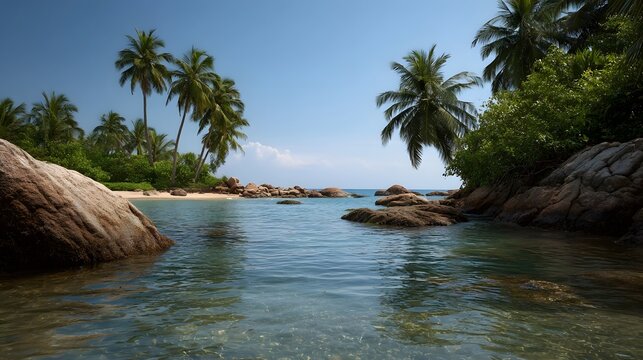 Serene tropical beach paradise with calm turquoise water and lush palm trees under a clear blue sky - Powered by Adobe