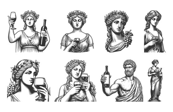 Greek and Roman figures holding wine glasses and bottles, blending classical art with wine culture Set collection bundle sketch engraving generative ai vector illustration. Black and white image.