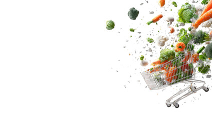 Healthy vegetables spilling from a shopping cart, dynamic motion