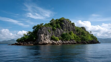 Obraz premium A lush green rocky island emerges from the deep blue sea under a clear sky with scattered clouds
