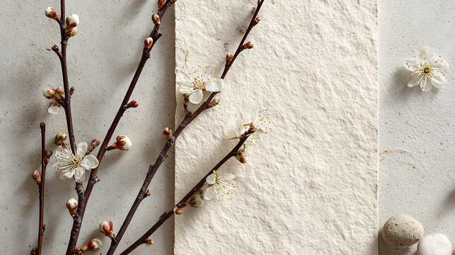 Delicate white blossoms on dark branches beside textured paper and smooth stones cherry blossoms white flowers - Powered by Adobe