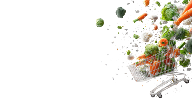 Healthy vegetables spilling from a shopping cart, dynamic motion