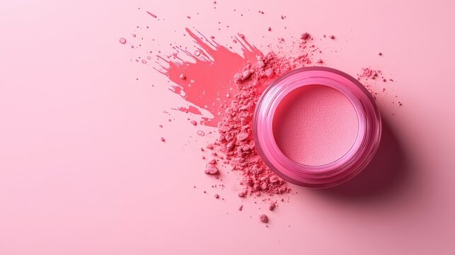 A vibrant pink powder in a clear jar sits on a equally pink backdrop, accompanied by scattered powder, This image is perfect for beauty products, cosmetics advertising, or makeup tutorials,