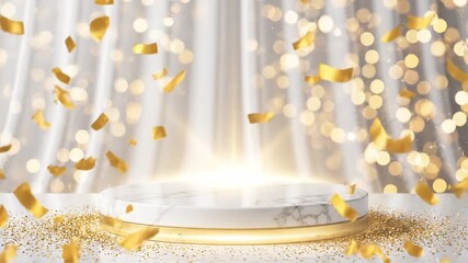 Elegant marble podium with golden confetti and glitter on white reflective surface, festive celebration scene with sparkling light and soft bokeh creating luxurious atmosphere