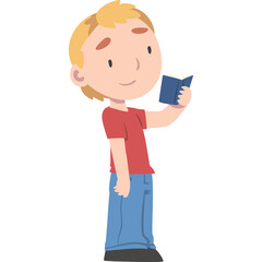 Young blond boy in red shirt and blue jeans holding a small blue book reading with a gentle smile and light colored eyes isolated on a white background, conveying innocence and curiosity
