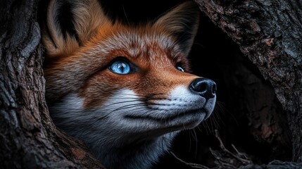Obraz premium A close-up of a fox peering out from a hollow tree, showcasing its vibrant orange fur and striking blue eyes, perfect for nature-themed projects, wildlife articles, or animal conservation campaigns,