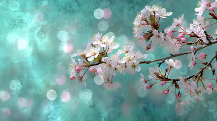 Delicate white cherry blossoms with pink buds on textured aqua background white flowers branches