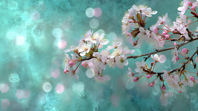 Delicate white cherry blossoms with pink buds on textured aqua background white flowers branches