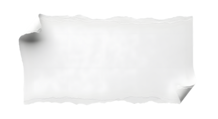 White torn paper banner with curled edges and ripped border over transparent background
