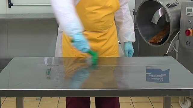 Someone wearing protective gear is cleaning a stainless steel table with a green brush in a sterile room at daytime. The table looks to be in a kitchen or food processing area.
