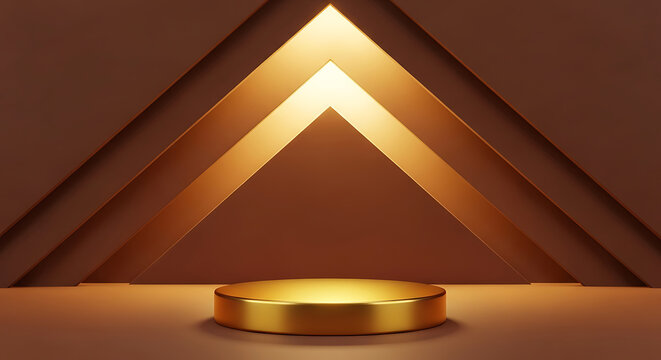 A luxurious golden platform in a dramatic triangular architectural setting with warm, directional light