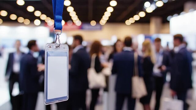 Conference Badge Hanging in Foreground with Blurred Attendees in Background.