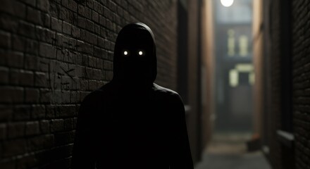 Shadowy figure with glowing eyes lurking in dark alleyway. Mysterious entity in urban street. Digital art illustrating fear and unknown threat.