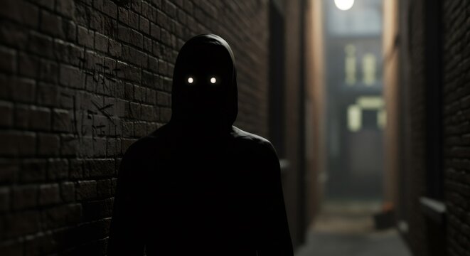 Shadowy figure with glowing eyes lurking in dark alleyway. Mysterious entity in urban street. Digital art illustrating fear and unknown threat.
