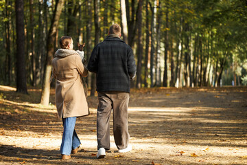 Obraz premium Caucasian young adult woman and Caucasian middle aged man walking together through autumn forest, woman gesturing with hand while man listening, both seen from behind