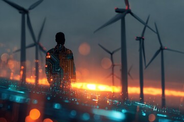 Eco-pioneers at dusk: embracing renewable solutions. Smart technology. Powerful sunset: engineer enhancing wind energy solutions. Intelligent design. Data intelligence.