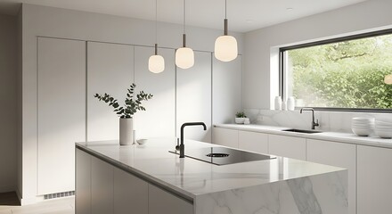 Modern minimalist kitchen with island and large window.