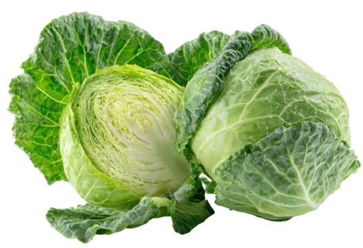 Fresh green cabbage, one halved, revealing crisp inner layers