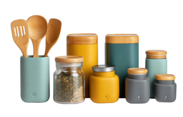 Collection of kitchen containers and utensils in muted colors