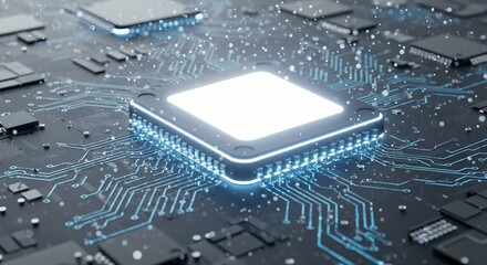 Closeup view of a glowing central processing unit on a complex circuit board with intricate pathways