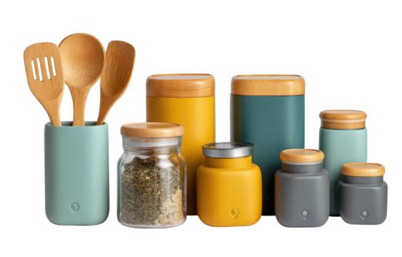 Collection of kitchen containers and utensils in muted colors
