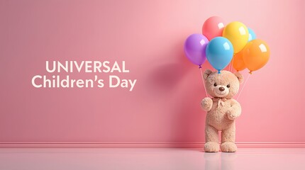 Universal children’s day celebration with cute teddy bear holding colorful balloons on soft pink background