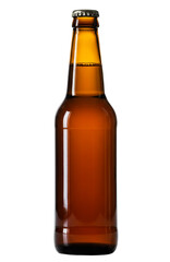Brown glass beer bottle with metal cap. Isolated amber beverage container on transparent background for product photography and advertising mockup