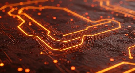 Closeup view of glowing orange circuit board pathways and components on a dark background, symbolizing technology and data flow
