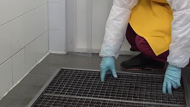 A worker wearing protective gear removes a metal floor grating to clean a drain in a food processing factory. The grating is lifted and the drain is revealed during the day.