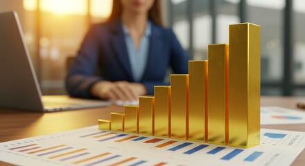 Golden bar chart showing upward trend on financial report with blurred businesswoman working on laptop