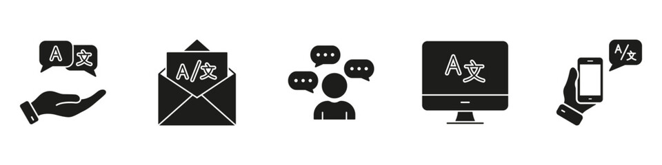 Multilingual Communication Silhouette Icon Set. Includes Message Support, Email, Chat Dialog, Computer Display, and Mobile App Solid Symbol Collection. Isolated Vector Illustration