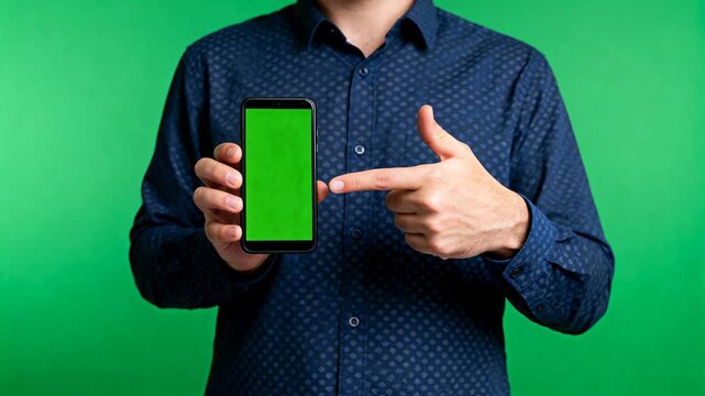 Man pointing at smartphone with green screen for mockup or editable digital content on chroma background.