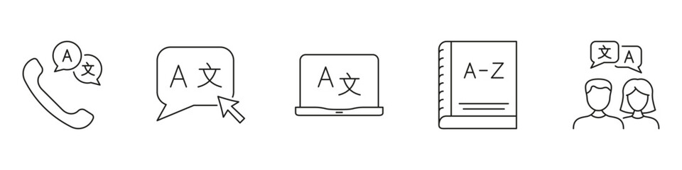 Language Learning And Translation Services. Phone, Speech Bubble, Laptop, Dictionary, People Speak Different Languages. Multilingual Communication. Editable Stroke. Isolated Vector Illustration