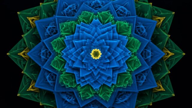 Intricate Mandala Expands in Blue, Green, and Yellow Pattern Animation