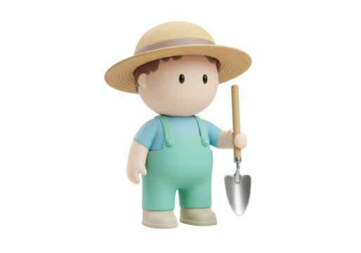 Isolated farmer cartoon character holding shovel in overalls and straw hat, ready to plant