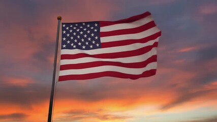 American flag waving against a colorful sunset sky