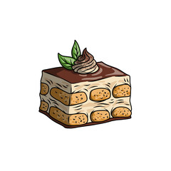 Illustration of a classic tiramisu slice with mint leaves and cream on top.