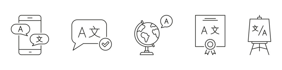 Language Translation And Learning Icon Set. Multilingual Communication, Global Language Education, And Certification Outline Symbol Collection. Editable Stroke. Isolated Vector Illustration
