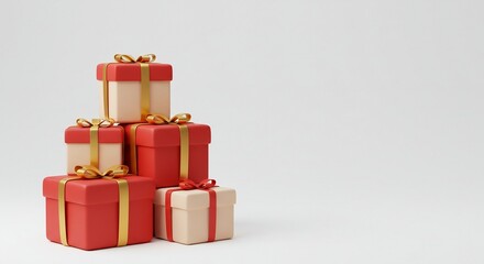 Merry Christmas gift boxes 3d render. festive stack of red and cream colored wrapped gifts tied with gold ribbon bows on a plain white background