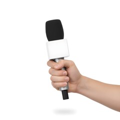 Hand holding a reporter's microphone with a blank flag for an interview. Isolated white background, png a