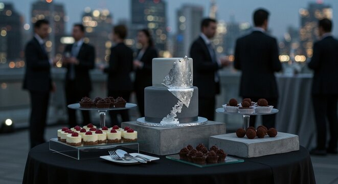 Elegant grey and silver tiered cake with assorted desserts displayed at an outdoor evening event