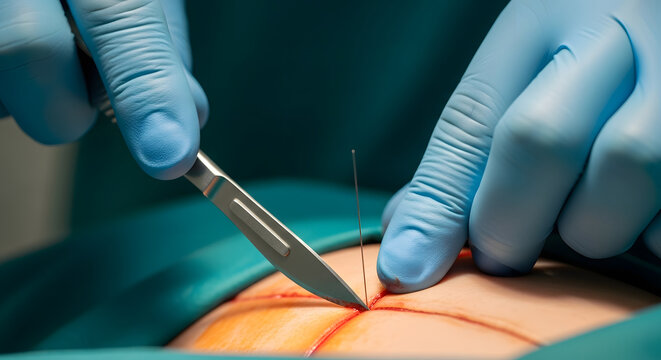 surgeon hands making incision with scalpel during operation