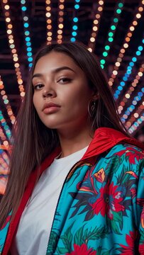 Vertical video: Model blinking tilting under pulsing LED grid in corridor, jacket and silver hoops