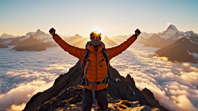 Hiker reaching mountain peak at sunrise after long climb, success and achievement concept