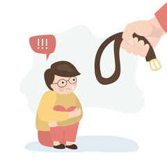 Stop domestic violence. Poster about child abuse. Frightened boy and man's hand with belt. Threat of corporal punishment for child. Relationship between parents and children.