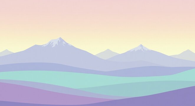 Pastel mountain range landscape with snowcapped peaks under a soft gradient sky