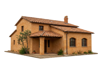 Isolated Tuscan-style stucco house with terracotta tile roof and arched windows and doorway